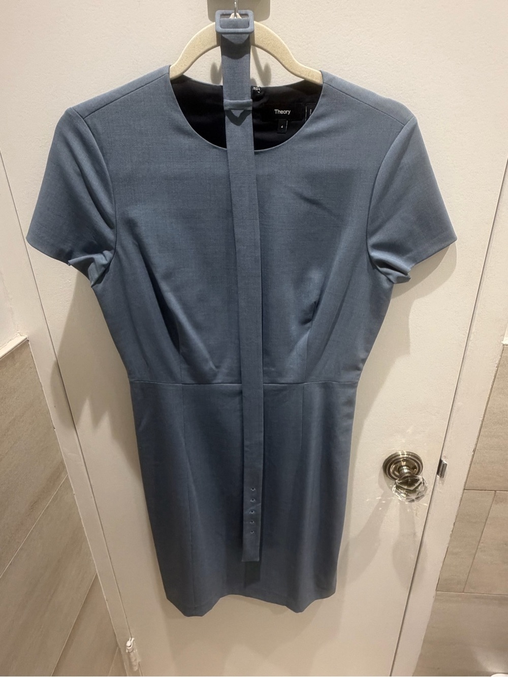 Theory Slate-Blue Short Sleeve Sheath Dress with Belt